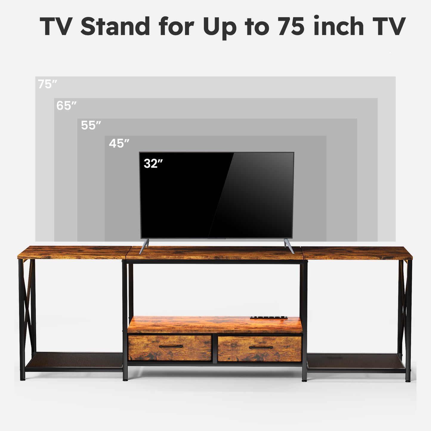 66" TV Stand with Fabric Drawers and Power Outlets for 65/70/75-Inch TVs, Entertainment Center with LED Lights, TV Media Console for Living Room or Bedroom, Rustic Brown