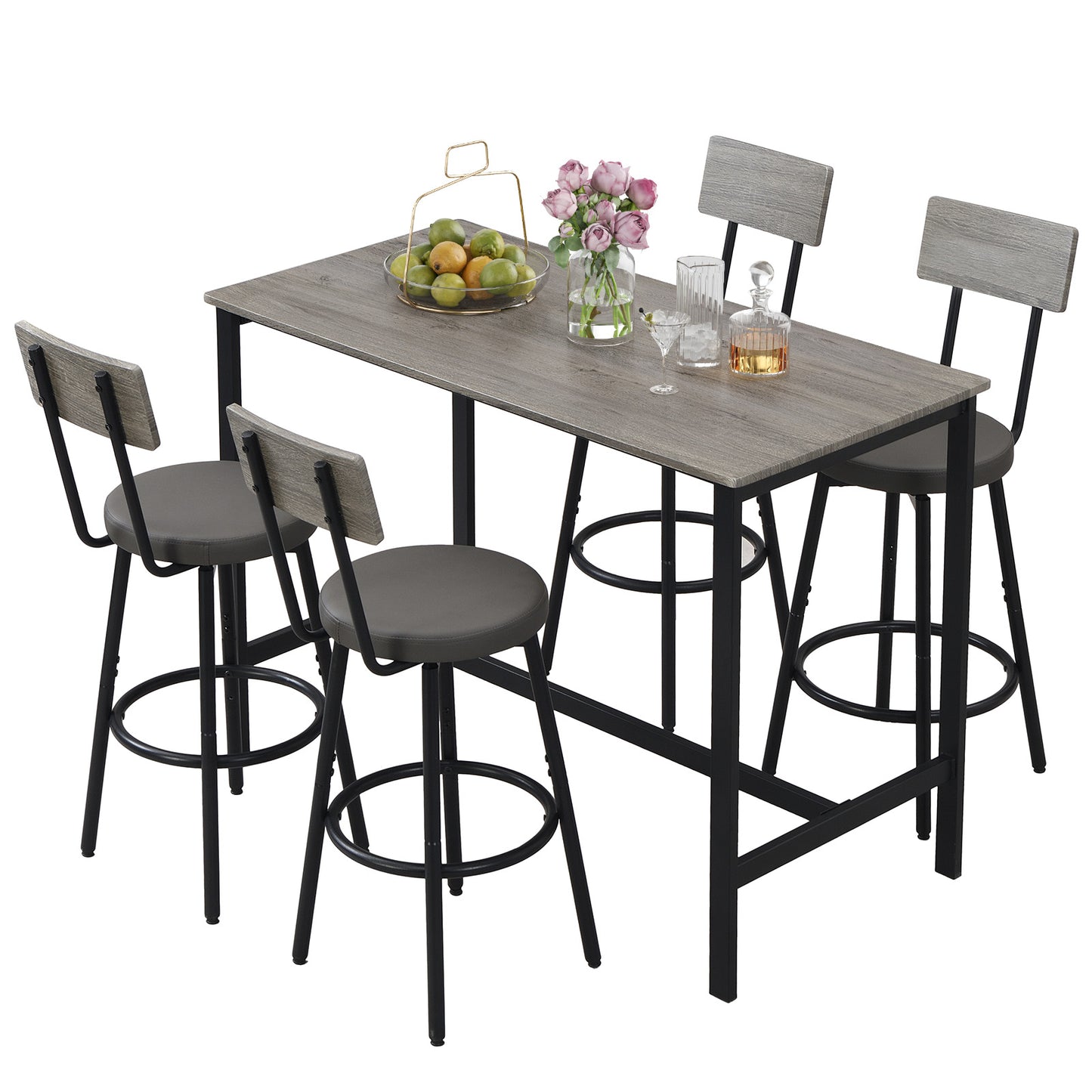 5-Piece Dining Table Set, Bar Table and Chairs Set for 4, Modern Kitchen Table Furniture W/Counter Height High Top Table & 4 Upholstered PU Chairs, Compact Dining Set for Kitchen, Dining Room, Grey