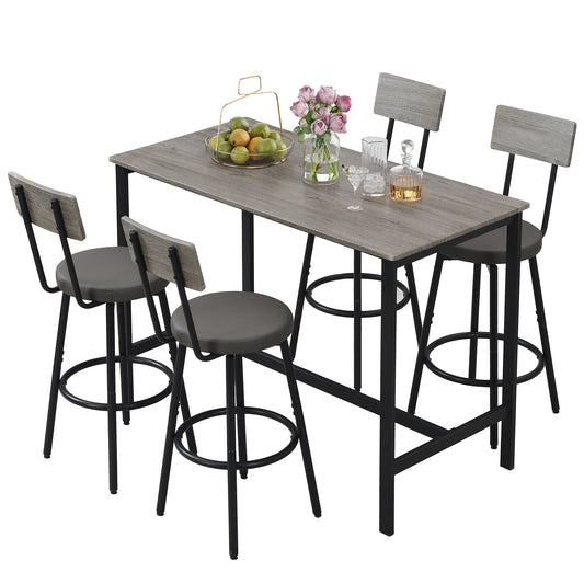 5-Piece Dining Table Set, Bar Table and Chairs Set for 4, Modern Kitchen Table Furniture W/Counter Height High Top Table & 4 Upholstered PU Chairs, Compact Dining Set for Kitchen, Dining Room, Grey