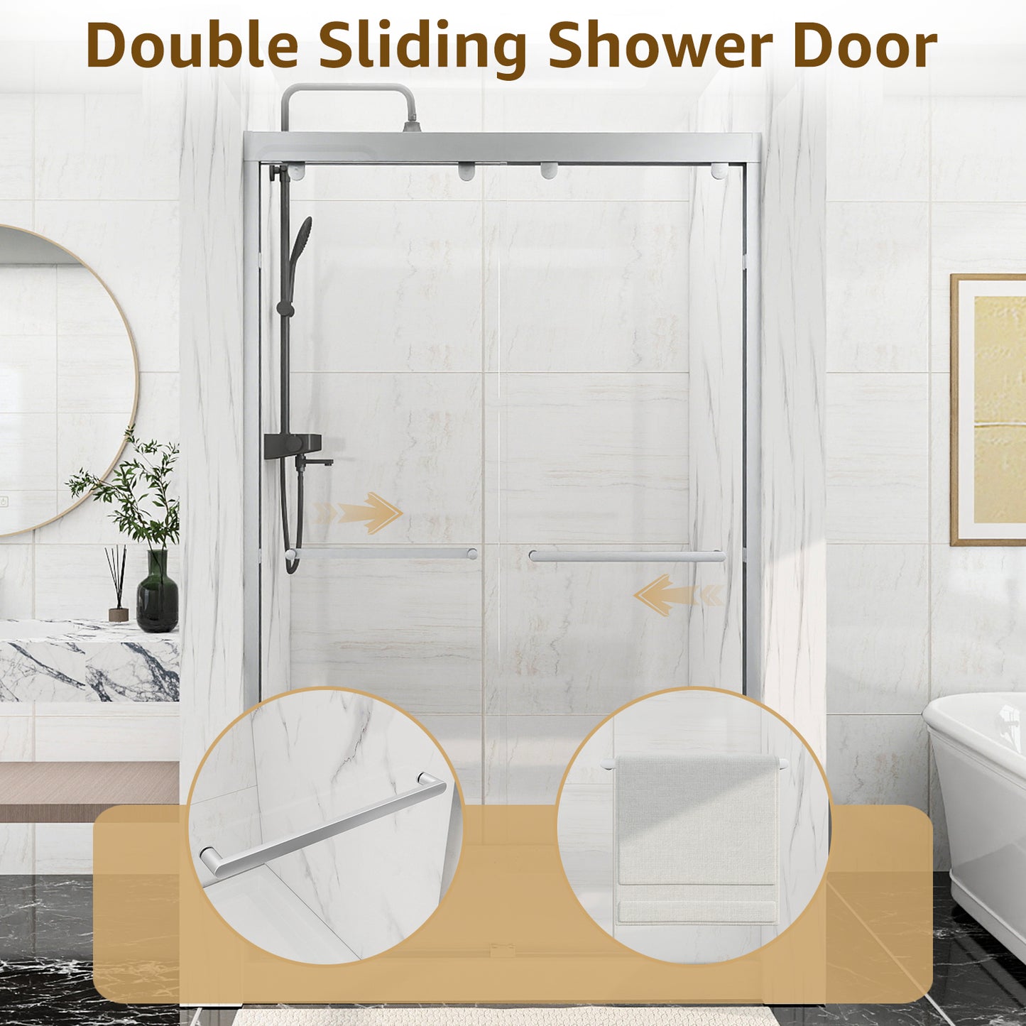 Double Sliding Shower Door, 44-48" W x 75" H Framed Shower Door 5/16"(8mm) Clear Tempered Glass, Aluminium Alloy Frame, Noiseless Sliding Shower Door in Stylish and Modern, Matte Silver