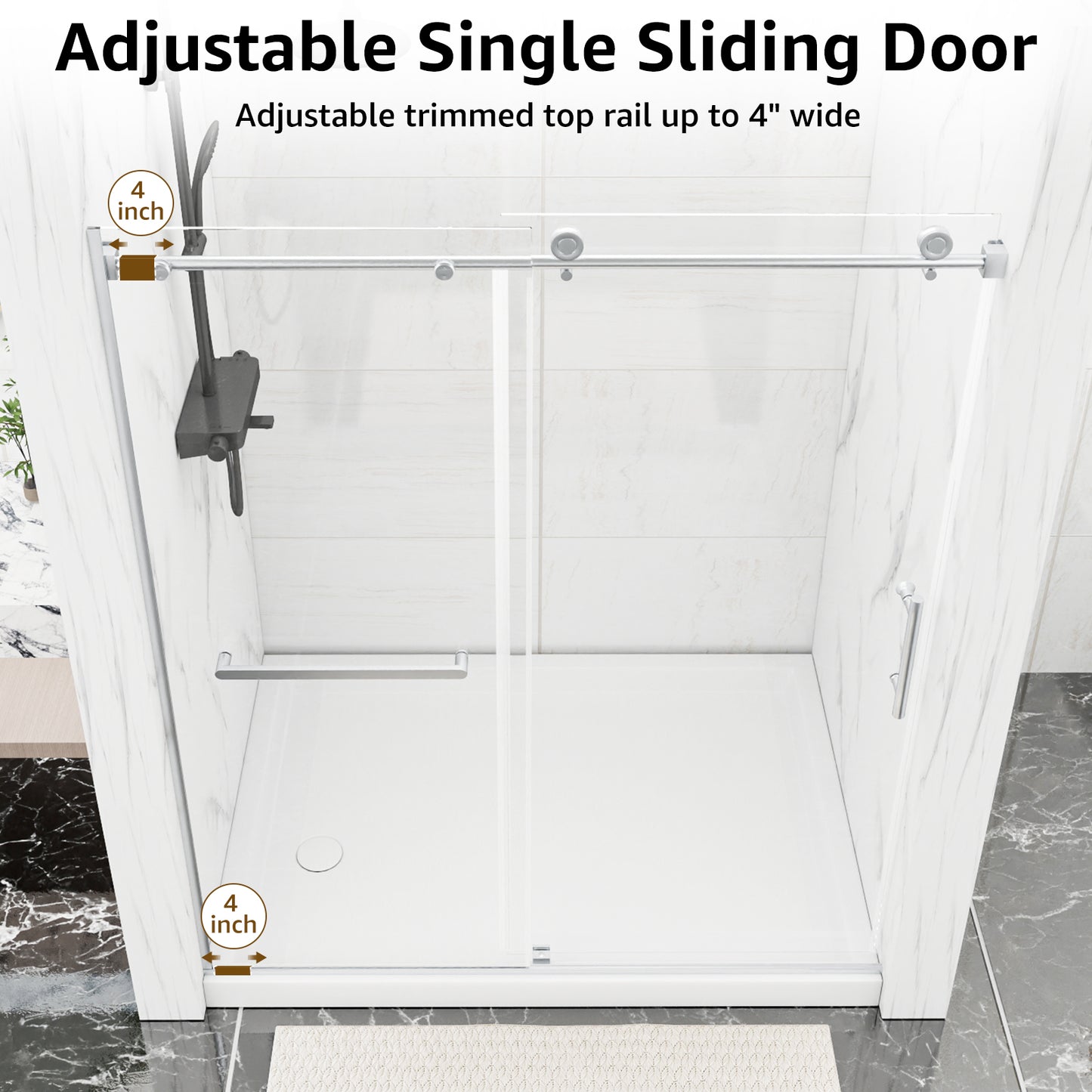 Sliding Shower Door, 56-60" W x 75" H Shower Door 5/16"(8mm) Clear Tempered Glass, 304 Stainless Steel Frame, Noiseless Shatterproof Shower Door in Stylish and Modern, Round Handle Silver