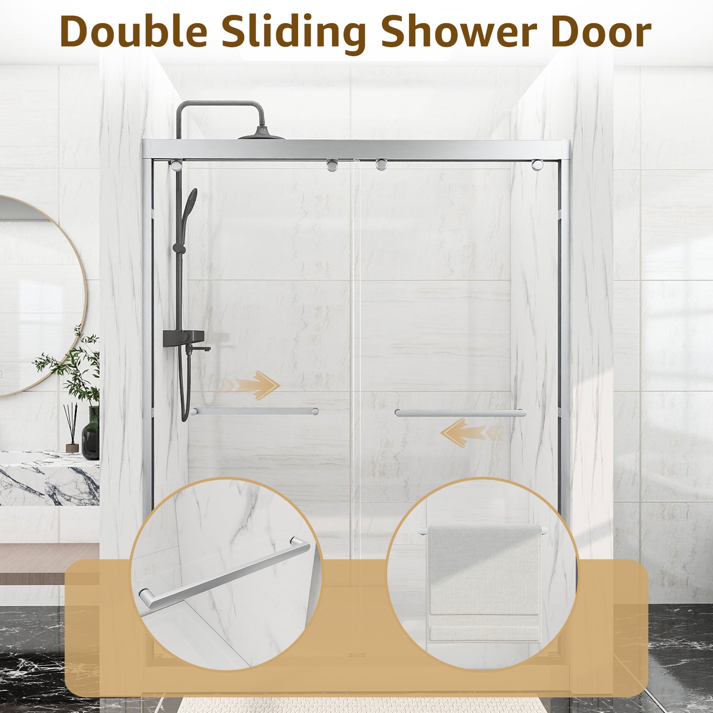 Double Sliding Shower Door, 56-60" W x 76" H Framed Shower Door 5/16"(8mm) Clear Tempered Glass, Aluminium Alloy Frame, Noiseless Sliding Shower Door in Stylish and Modern, Matte Silver