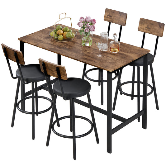 5-Piece Dining Table Set, Bar Table and Chairs Set for 4, Modern Kitchen Table Furniture W/Counter Height High Top Table & 4 Upholstered PU Chairs, Compact Dining Set for Kitchen, Dining Room, Brown