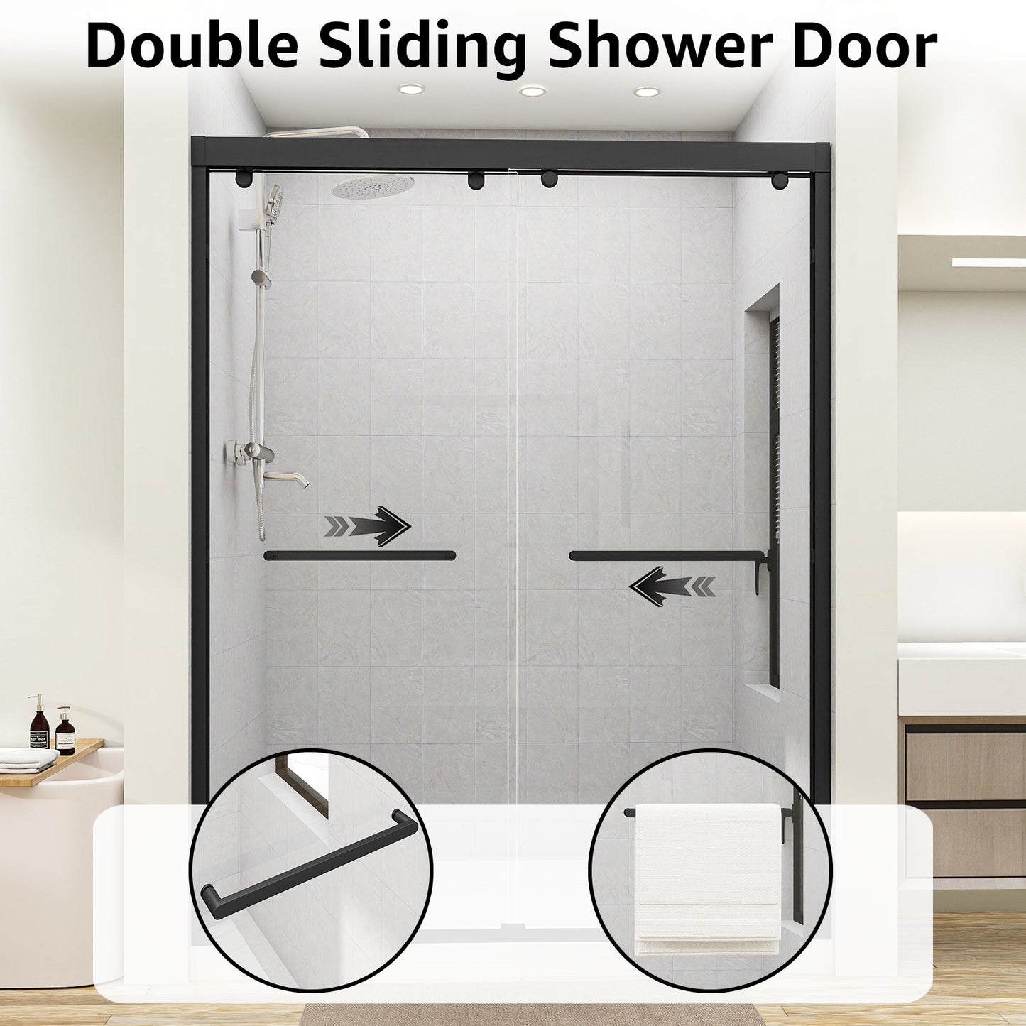 Sliding Shower Door, 56-60" W x 75" H Shower Door 5/16"(8mm) Clear Tempered Glass, 304 Stainless Steel Frame, Noiseless Shatterproof Sliding Shower Door in Stylish and Modern, Matte Black