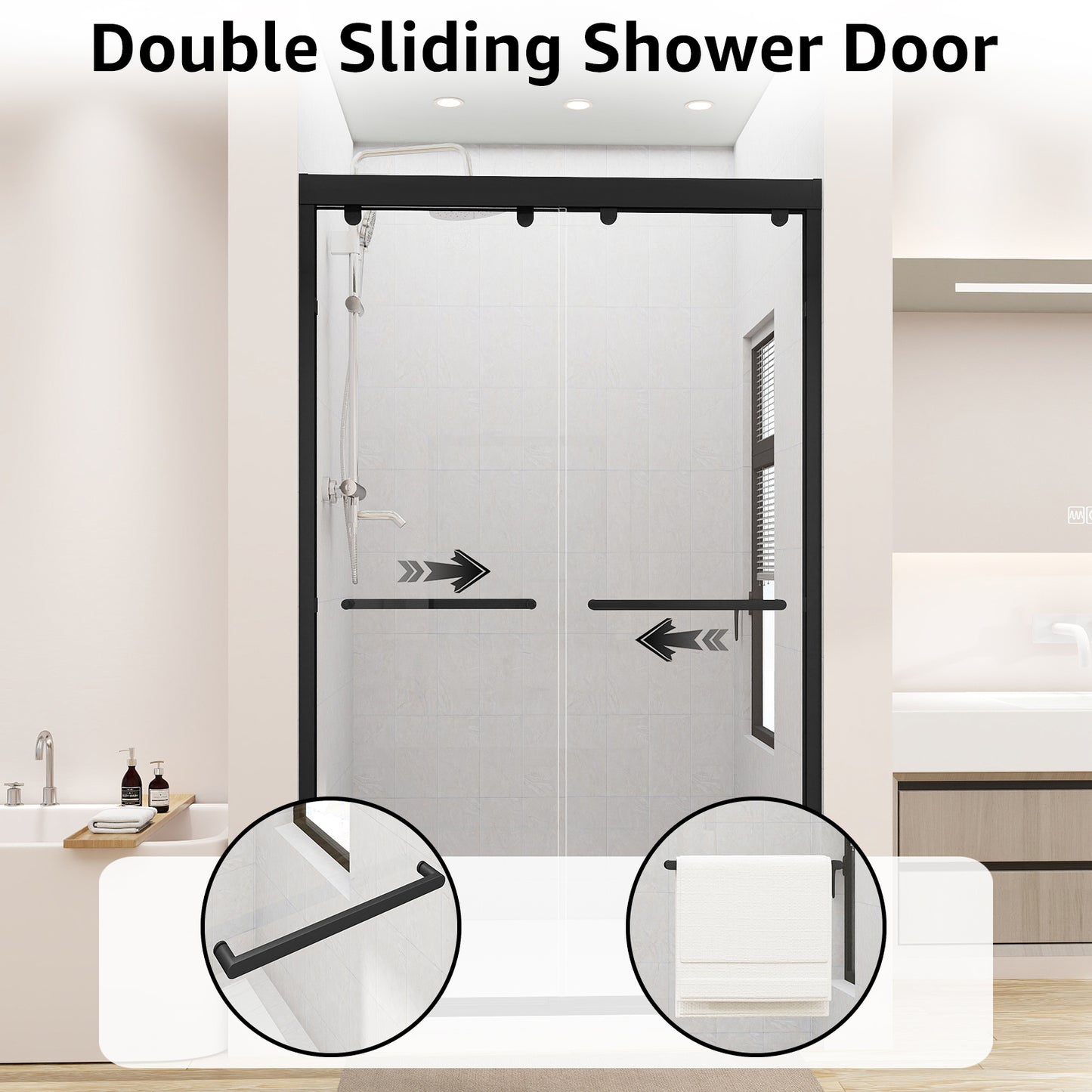 Double Sliding Shower Door, 44-48" W x 75" H Framed Shower Door 5/16"(8mm) Clear Tempered Glass, Aluminium Alloy Frame, Noiseless Sliding Shower Door in Stylish and Modern, Matte Black