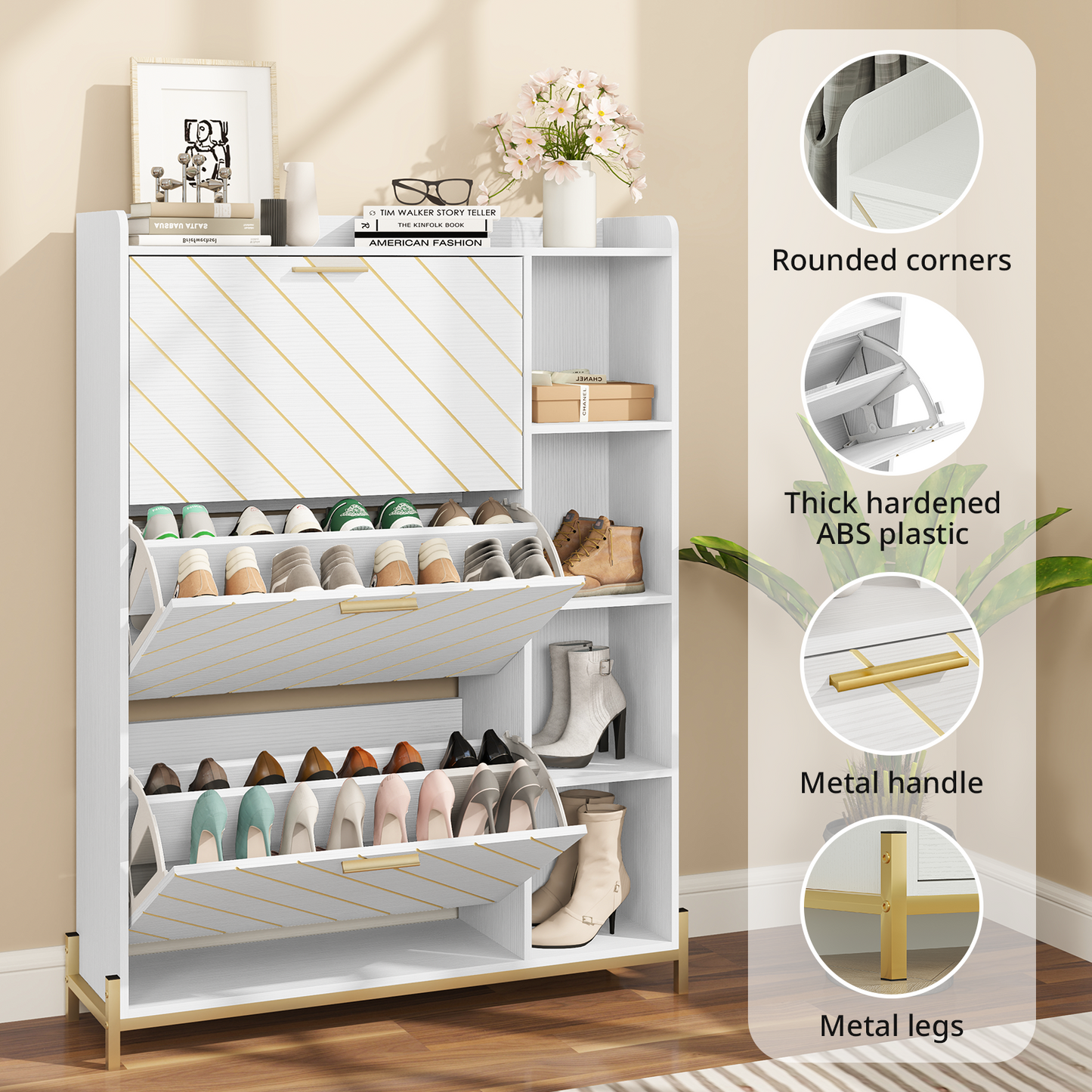 Shoe Storage Cabinet, Shoe Organizer with 3 Flip Drawers, Free Standing Shoes Cabinet with Adjustable Shelves, Hidden Shoe Storage for Entryway & Hallway, Shoe Organizer Cabinet, White