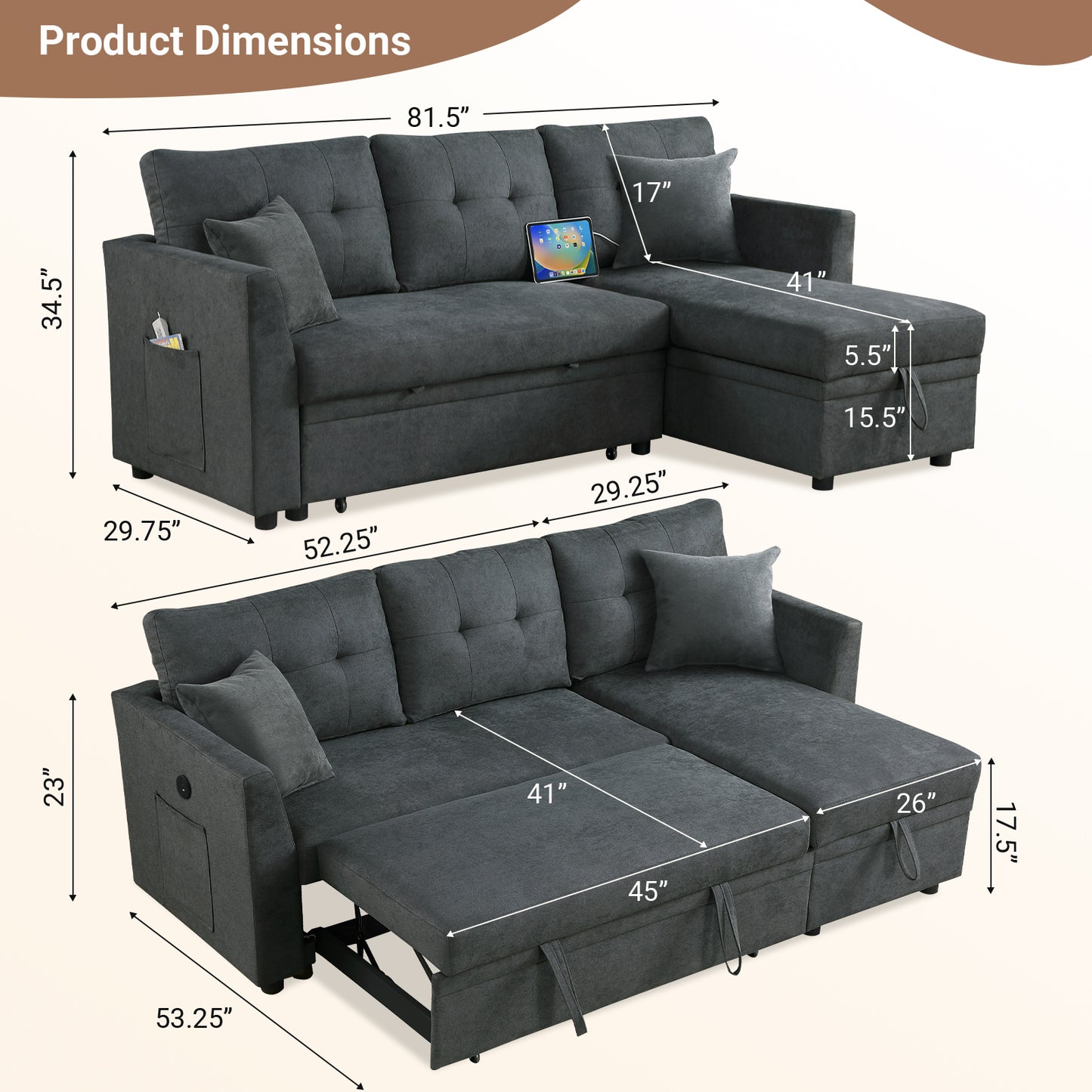 Pull Out Couch L-Shaped Sofa Bed, Sectional Couches with USB & Type C, Storage, Side Pocket and 2 Pillows, Velvet Reversible Couch Sleeper Pull Out Bed for Apartment Living Room - Dark Gray