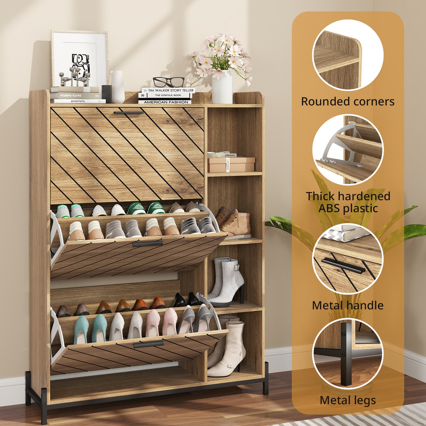 Shoe Storage Cabinet, Shoe Organizer with 3 Flip Drawers, Free Standing Shoes Cabinet with Adjustable Shelves, Hidden Shoe Storage for Entryway & Hallway, Shoe Organizer Cabinet, Light Brown