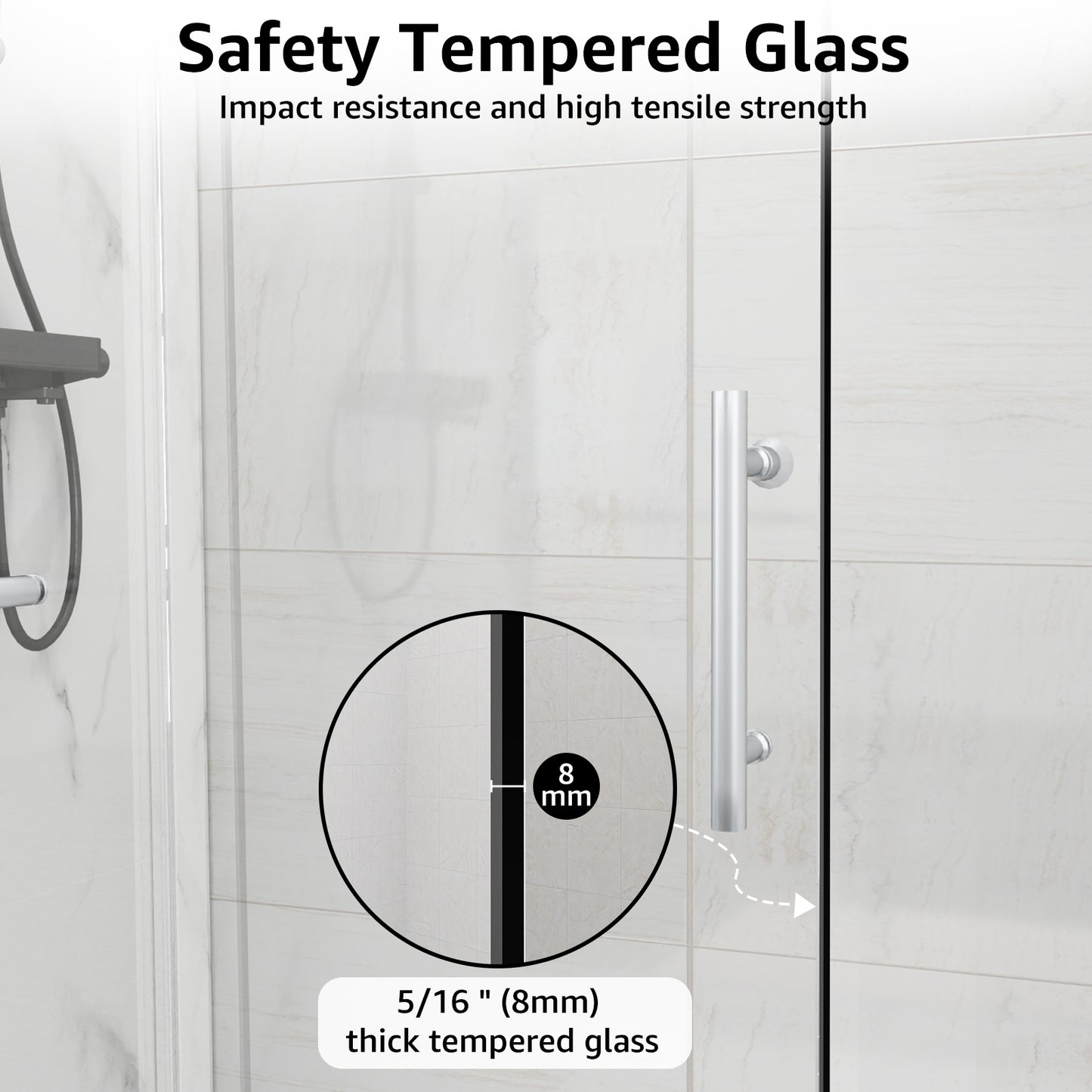 Sliding Shower Door, 56-60" W x 75" H Shower Door 5/16"(8mm) Clear Tempered Glass, 304 Stainless Steel Frame, Noiseless Shatterproof Shower Door in Stylish and Modern, Round Handle Silver