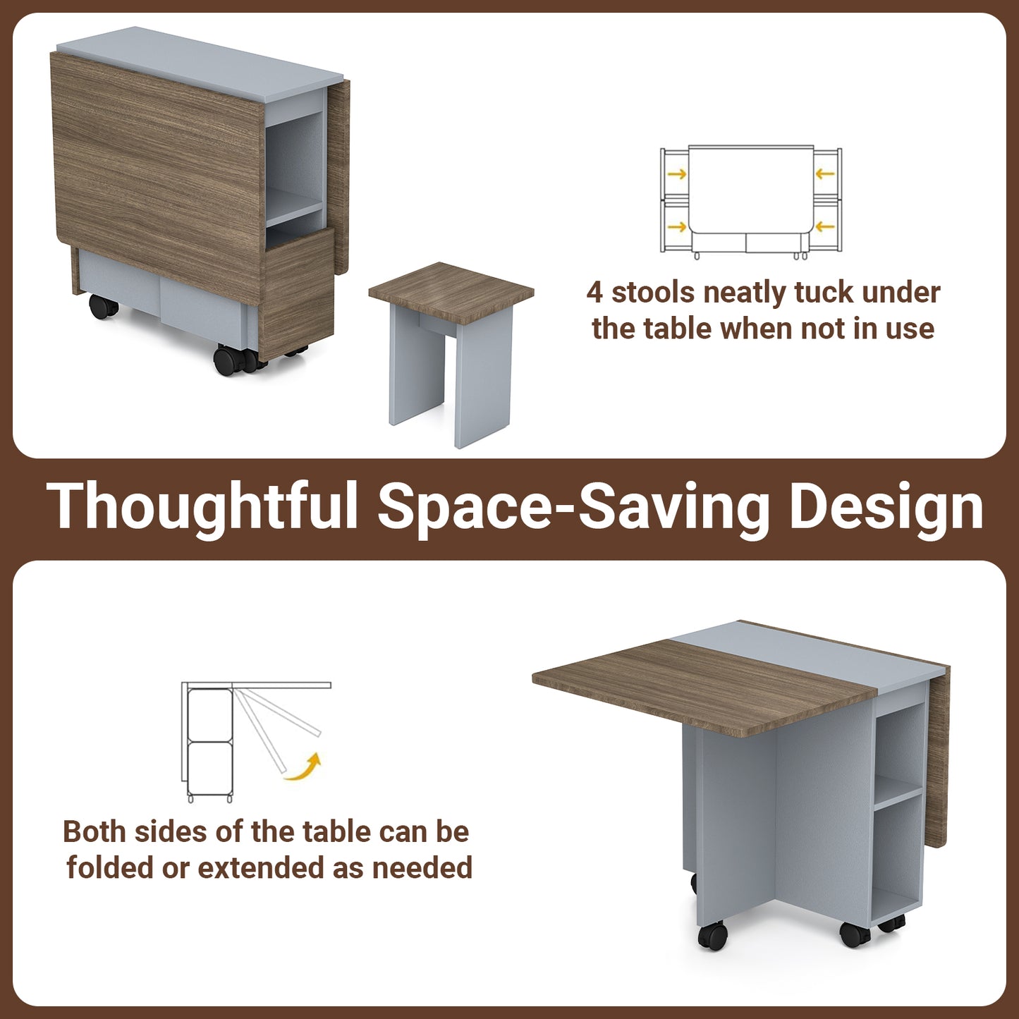 Folding Dining Table with 4 Chairs, 5 Pieces Extendable Table Set, Multifunctional Table with Storage & 6 Wheels, Space Saving Dinner Table for Kitchen, Dining Room, Bedroom, Living Room