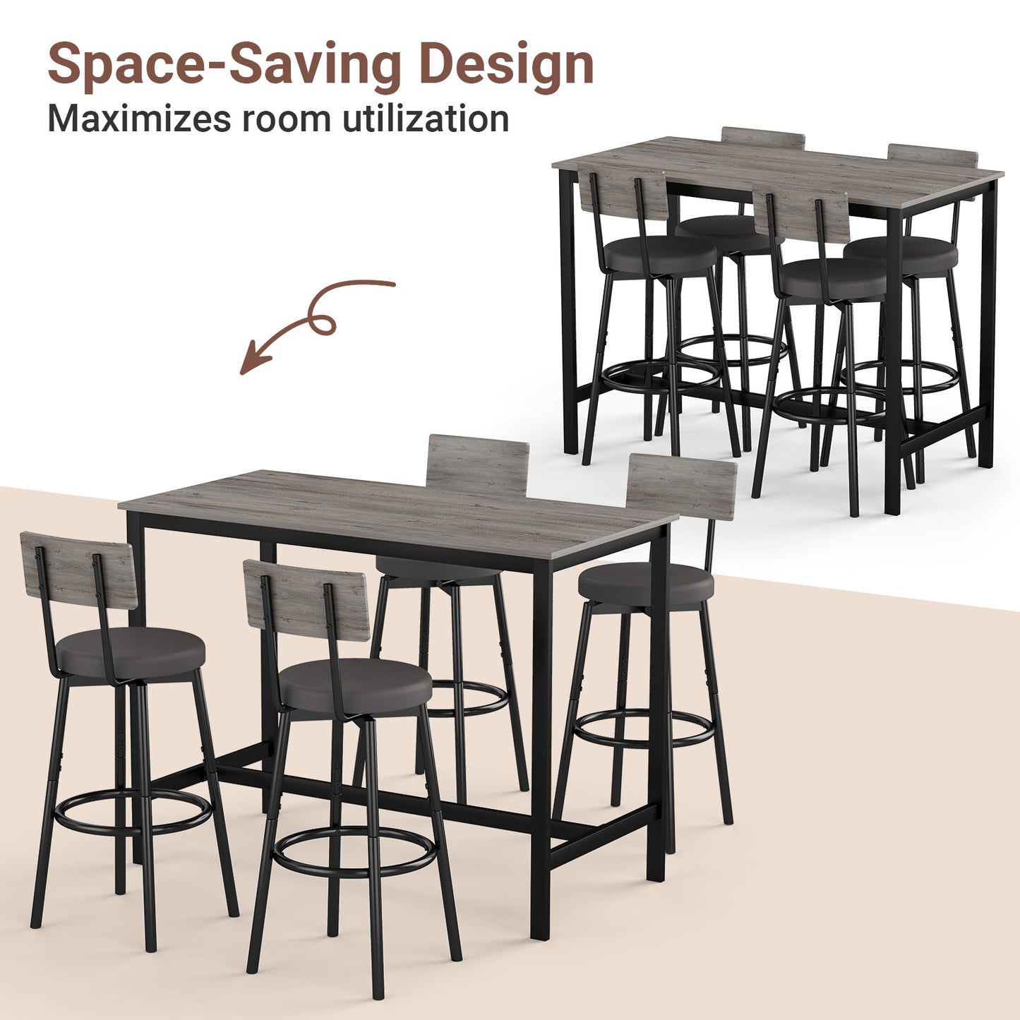 5-Piece Dining Table Set, Bar Table and Chairs Set for 4, Modern Kitchen Table Furniture W/Counter Height High Top Table & 4 Upholstered PU Chairs, Compact Dining Set for Kitchen, Dining Room, Grey