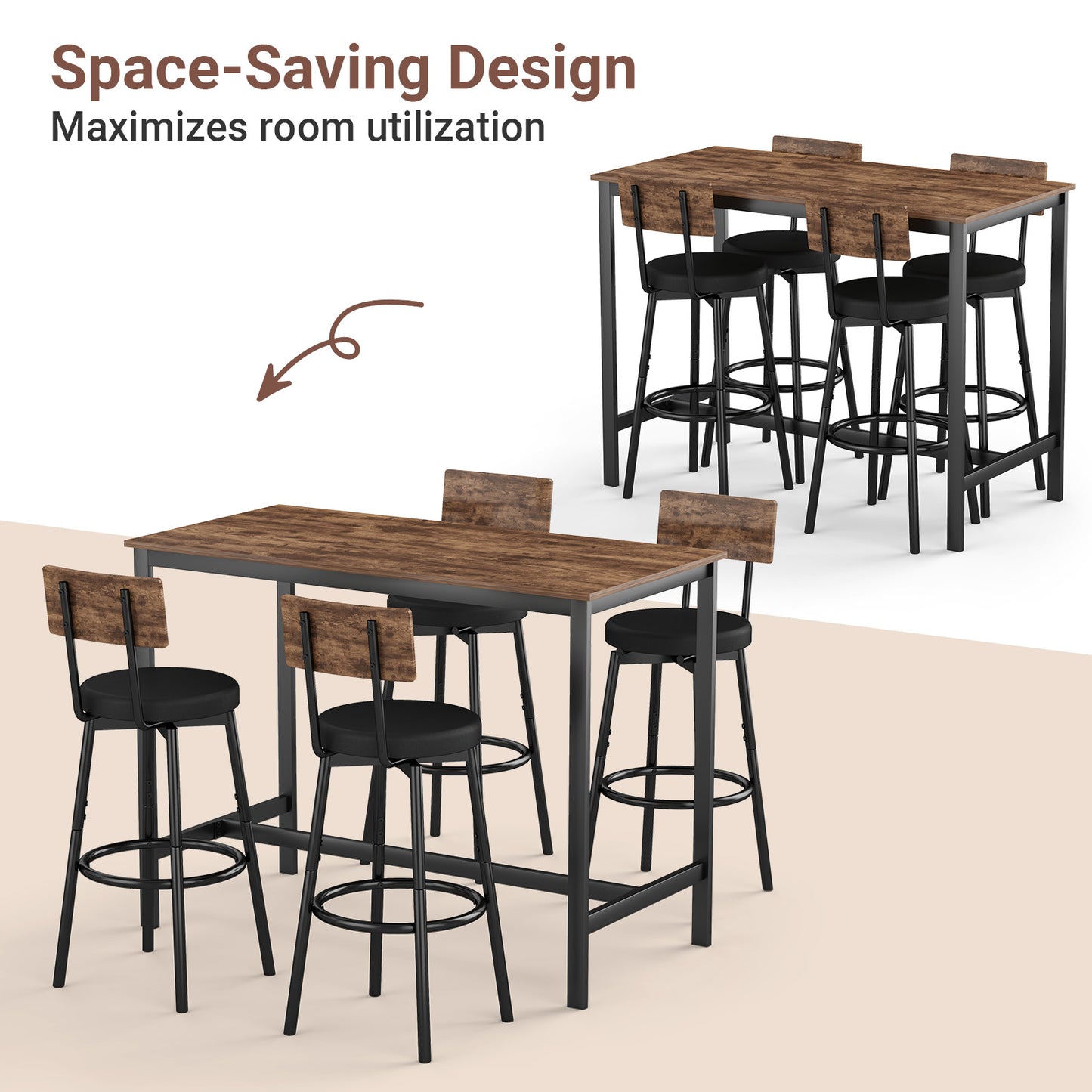 5-Piece Dining Table Set, Bar Table and Chairs Set for 4, Modern Kitchen Table Furniture W/Counter Height High Top Table & 4 Upholstered PU Chairs, Compact Dining Set for Kitchen, Dining Room, Brown