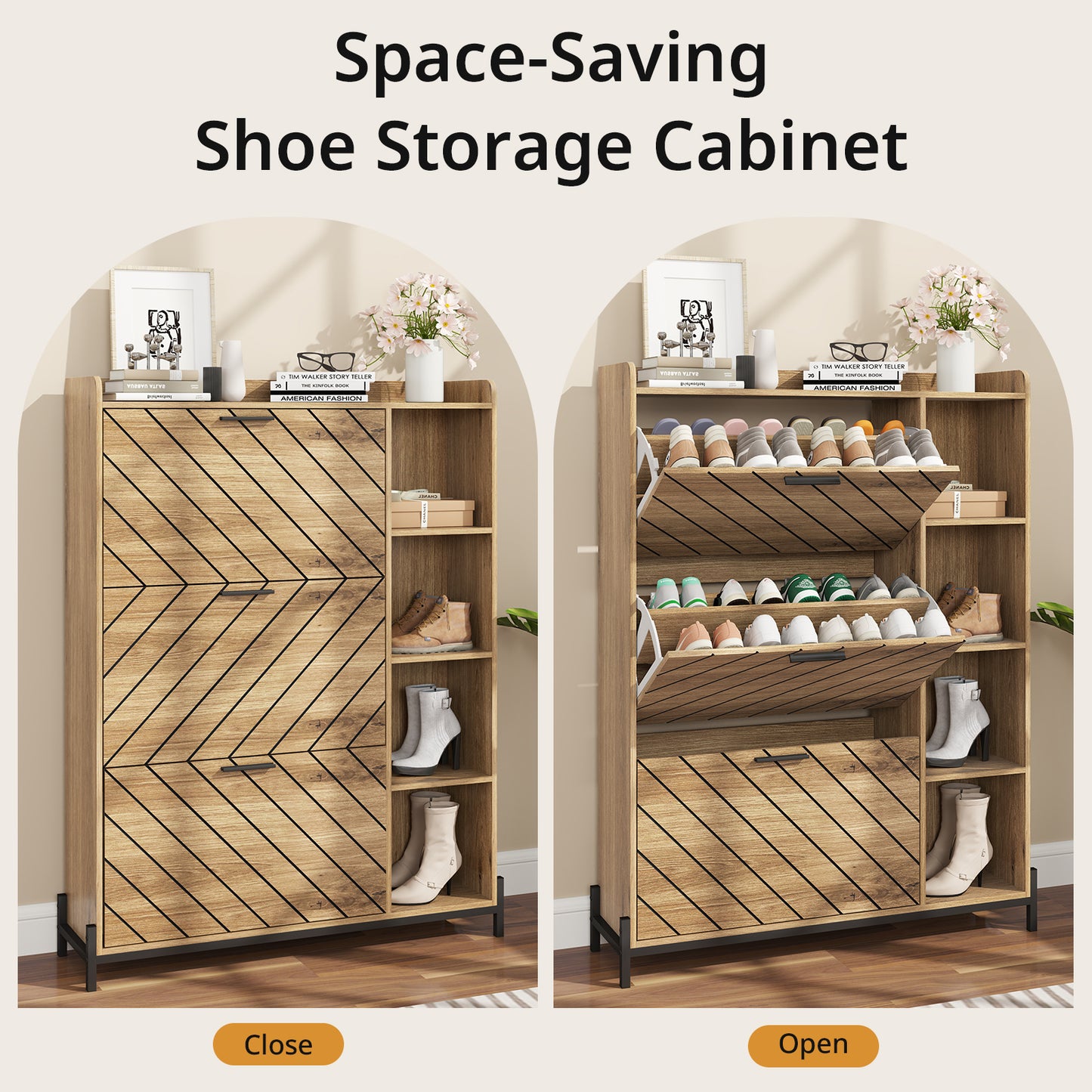 Shoe Storage Cabinet, Shoe Organizer with 3 Flip Drawers, Free Standing Shoes Cabinet with Adjustable Shelves, Hidden Shoe Storage for Entryway & Hallway, Shoe Organizer Cabinet, Light Brown