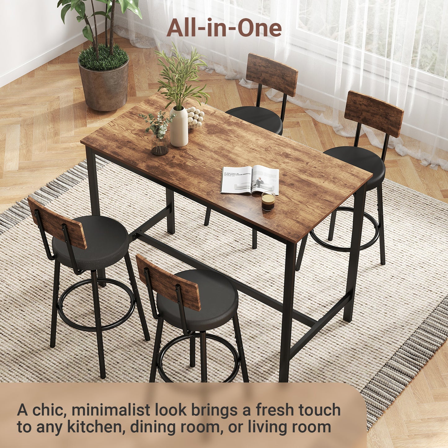 5-Piece Dining Table Set, Bar Table and Chairs Set for 4, Modern Kitchen Table Furniture W/Counter Height High Top Table & 4 Upholstered PU Chairs, Compact Dining Set for Kitchen, Dining Room, Brown