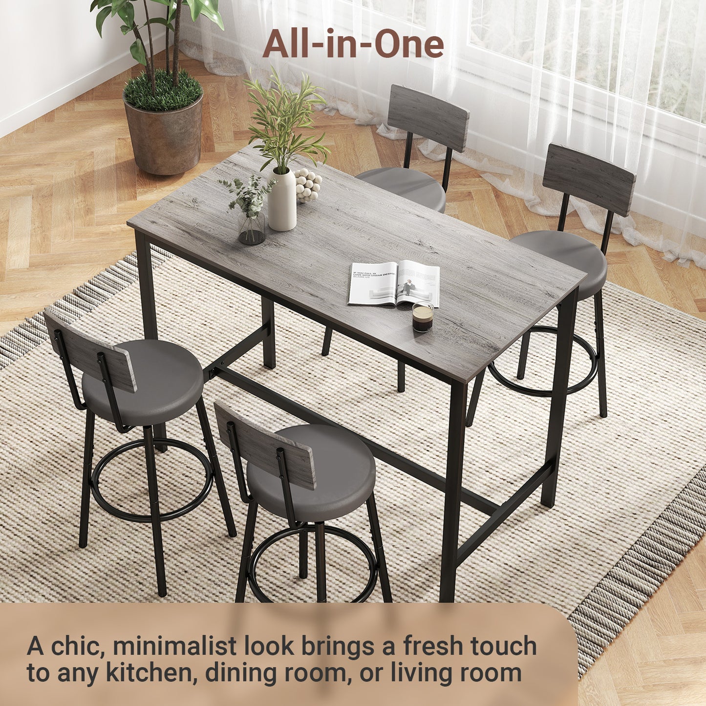 5-Piece Dining Table Set, Bar Table and Chairs Set for 4, Modern Kitchen Table Furniture W/Counter Height High Top Table & 4 Upholstered PU Chairs, Compact Dining Set for Kitchen, Dining Room, Grey