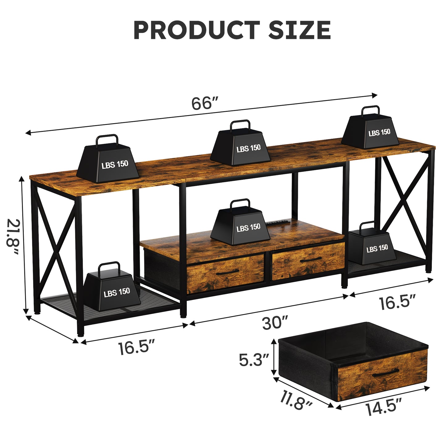 66" TV Stand with Fabric Drawers and Power Outlets for 65/70/75-Inch TVs, Entertainment Center with LED Lights, TV Media Console for Living Room or Bedroom, Rustic Brown