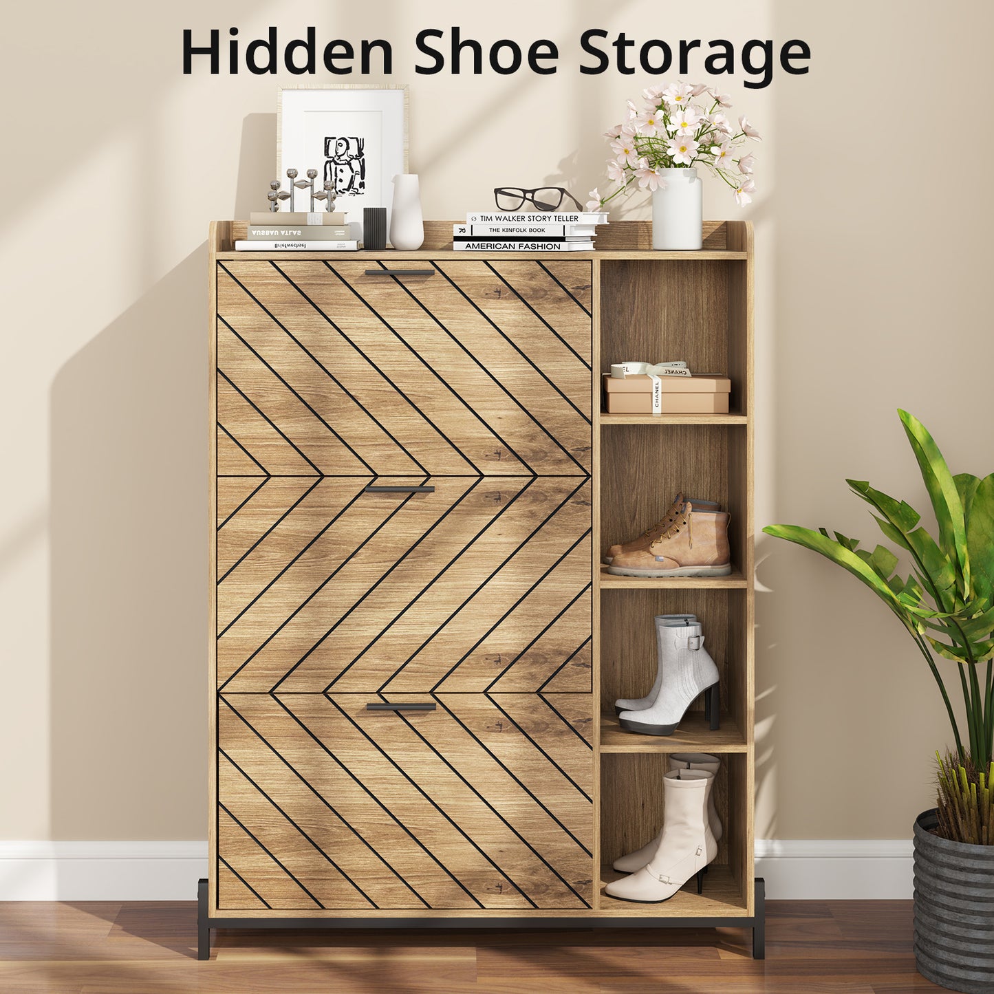 Shoe Storage Cabinet, Shoe Organizer with 3 Flip Drawers, Free Standing Shoes Cabinet with Adjustable Shelves, Hidden Shoe Storage for Entryway & Hallway, Shoe Organizer Cabinet, Light Brown