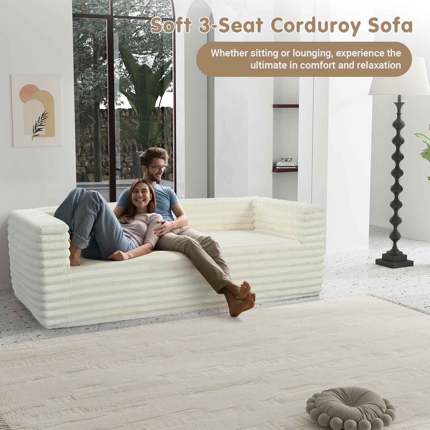 89" Sofa Couch, 3-Seater Modern Sofas with Deep Seat, Minimalist Upholstered Couches for Living Room, Bedroom, Apartment, All in One Box, No Assembly Required, Beige