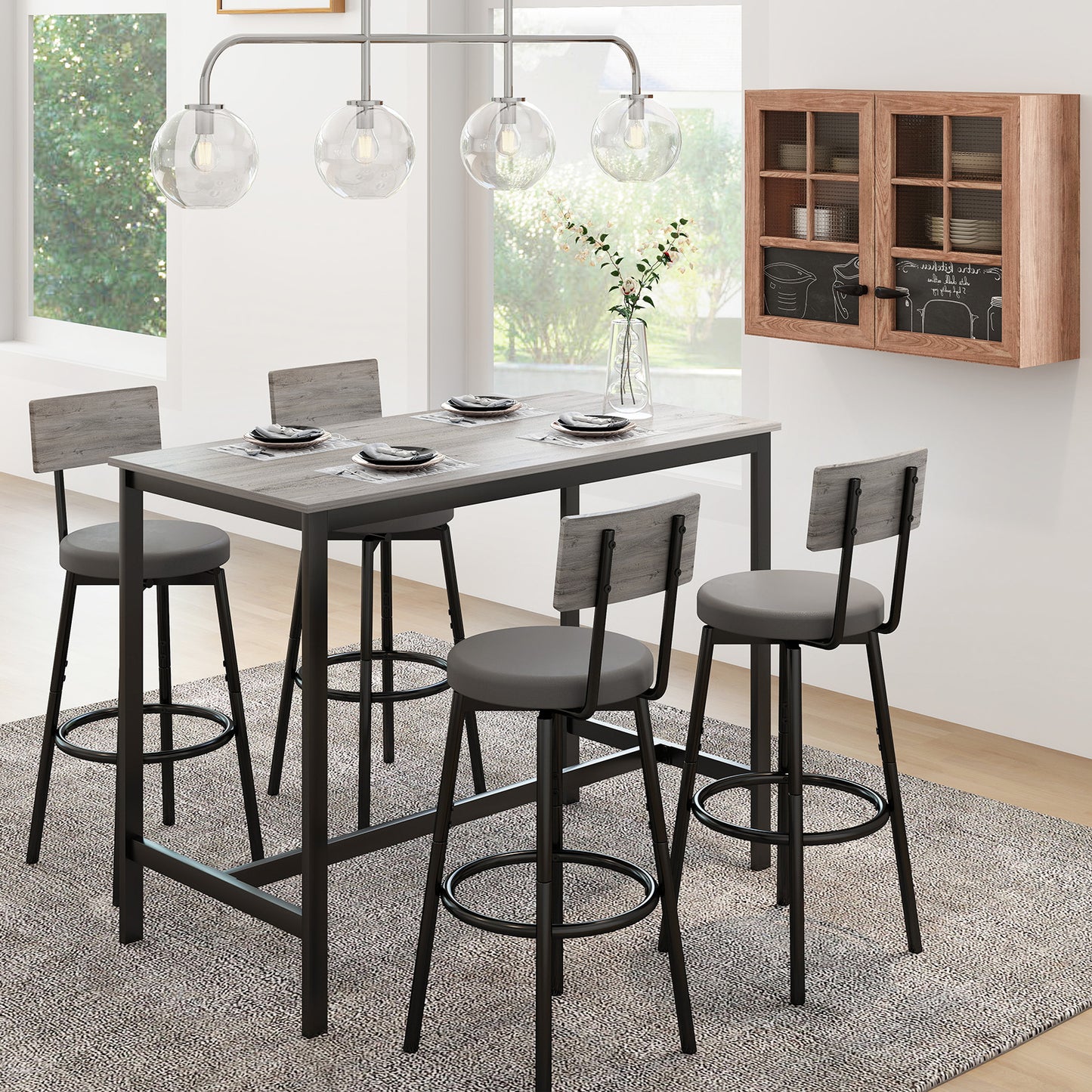 5-Piece Dining Table Set, Bar Table and Chairs Set for 4, Modern Kitchen Table Furniture W/Counter Height High Top Table & 4 Upholstered PU Chairs, Compact Dining Set for Kitchen, Dining Room, Grey