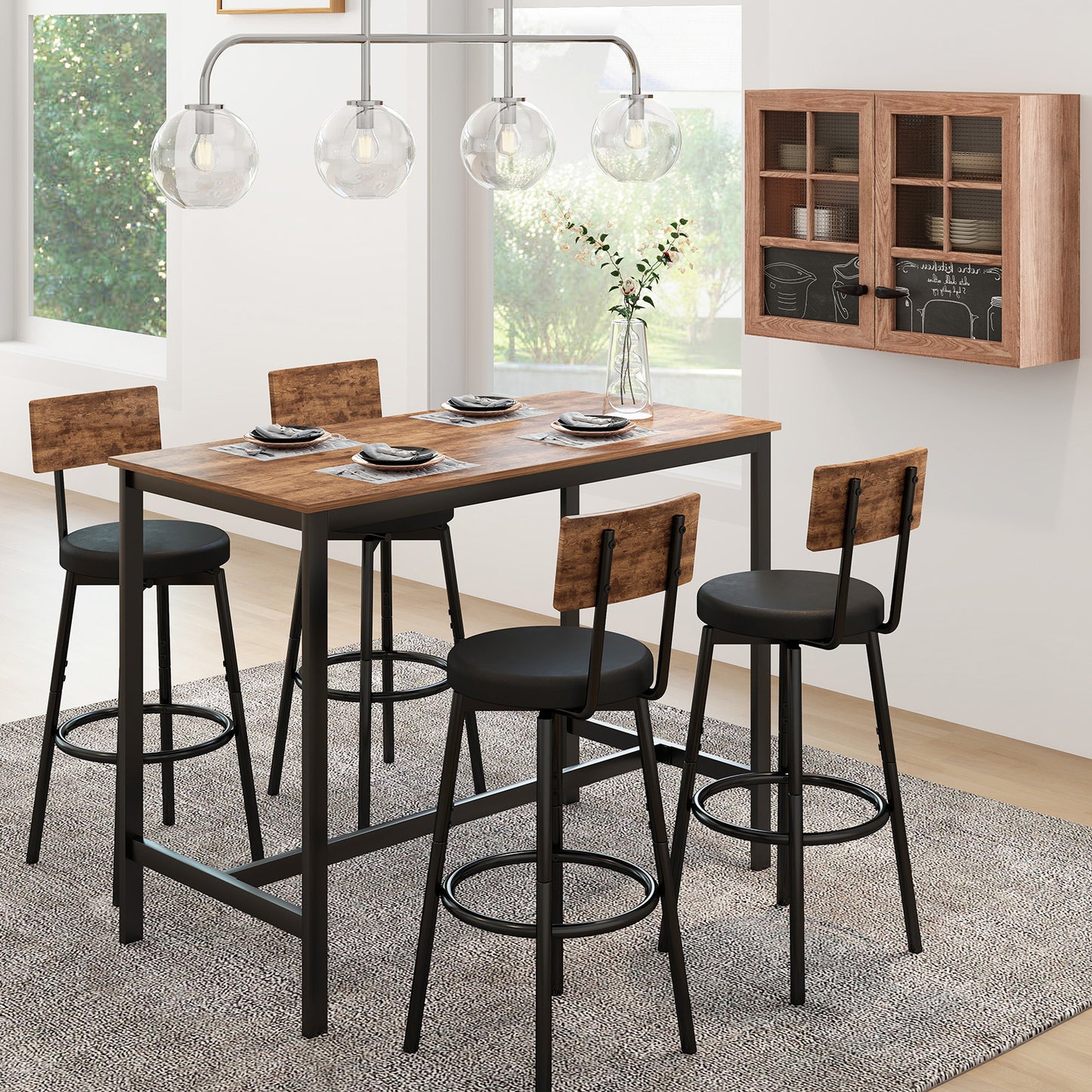 5-Piece Dining Table Set, Bar Table and Chairs Set for 4, Modern Kitchen Table Furniture W/Counter Height High Top Table & 4 Upholstered PU Chairs, Compact Dining Set for Kitchen, Dining Room, Brown