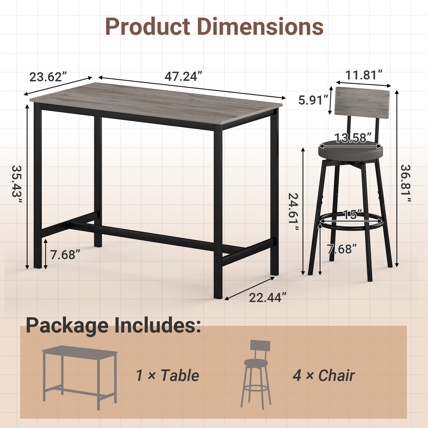 5-Piece Dining Table Set, Bar Table and Chairs Set for 4, Modern Kitchen Table Furniture W/Counter Height High Top Table & 4 Upholstered PU Chairs, Compact Dining Set for Kitchen, Dining Room, Grey