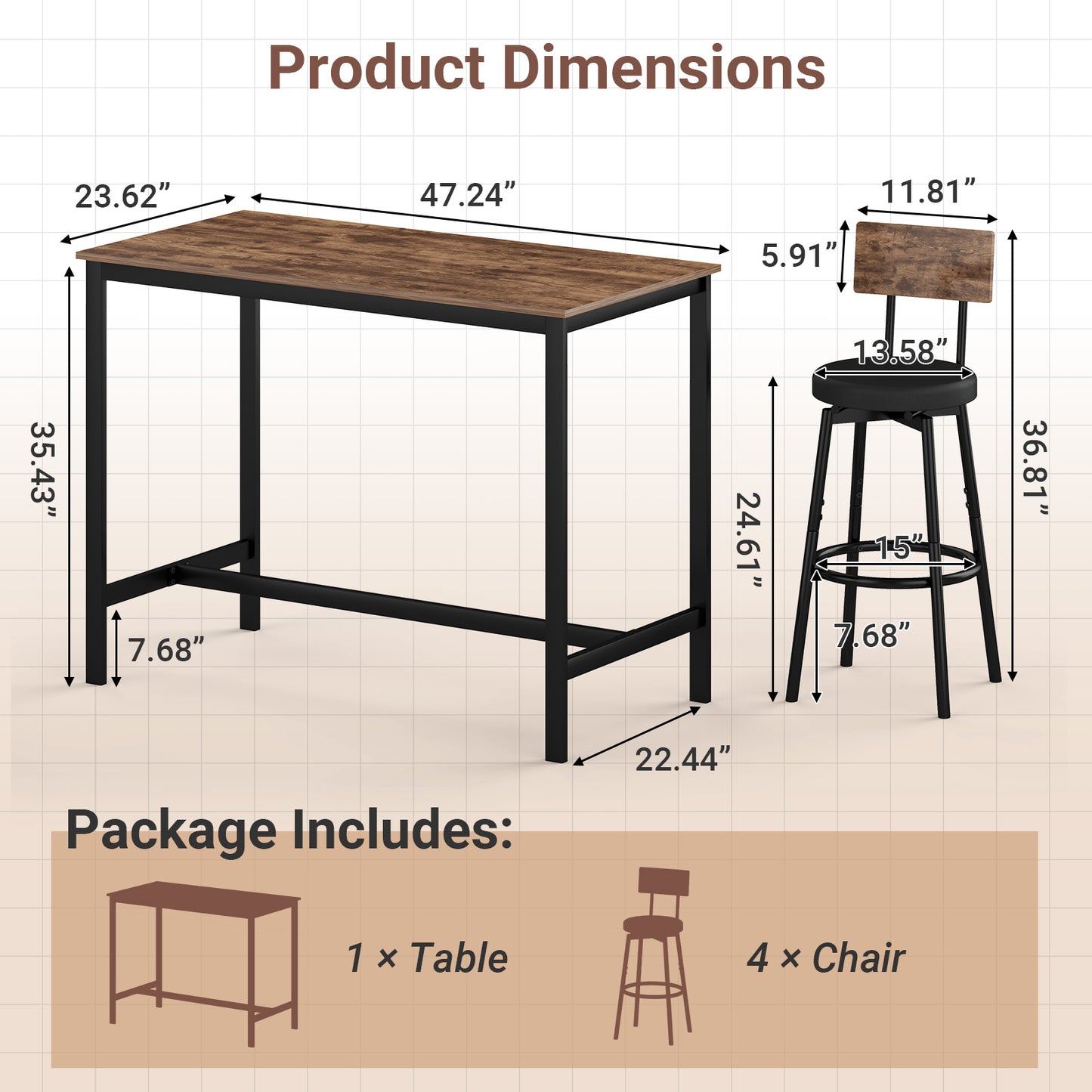 5-Piece Dining Table Set, Bar Table and Chairs Set for 4, Modern Kitchen Table Furniture W/Counter Height High Top Table & 4 Upholstered PU Chairs, Compact Dining Set for Kitchen, Dining Room, Brown