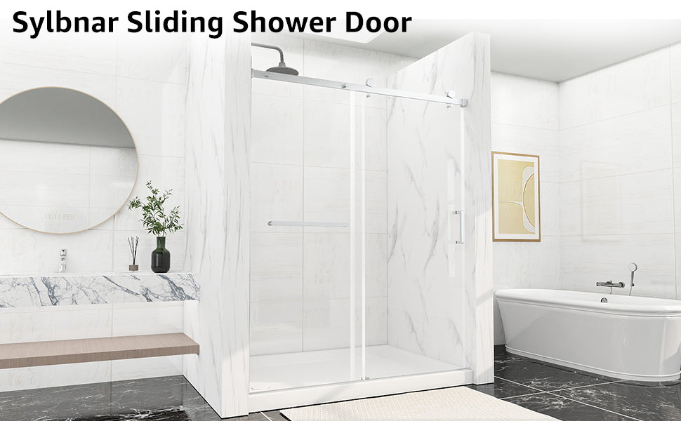 Sliding Shower Door, 56-60" W x 75" H Shower Door 5/16"(8mm) Clear Tempered Glass, 304 Stainless Steel Frame, Noiseless Shatterproof Sliding Shower Door in Stylish and Modern, Silver