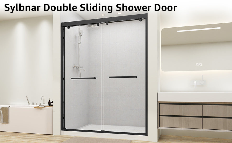 Sliding Shower Door, 56-60" W x 75" H Shower Door 5/16"(8mm) Clear Tempered Glass, 304 Stainless Steel Frame, Noiseless Shatterproof Sliding Shower Door in Stylish and Modern, Matte Black