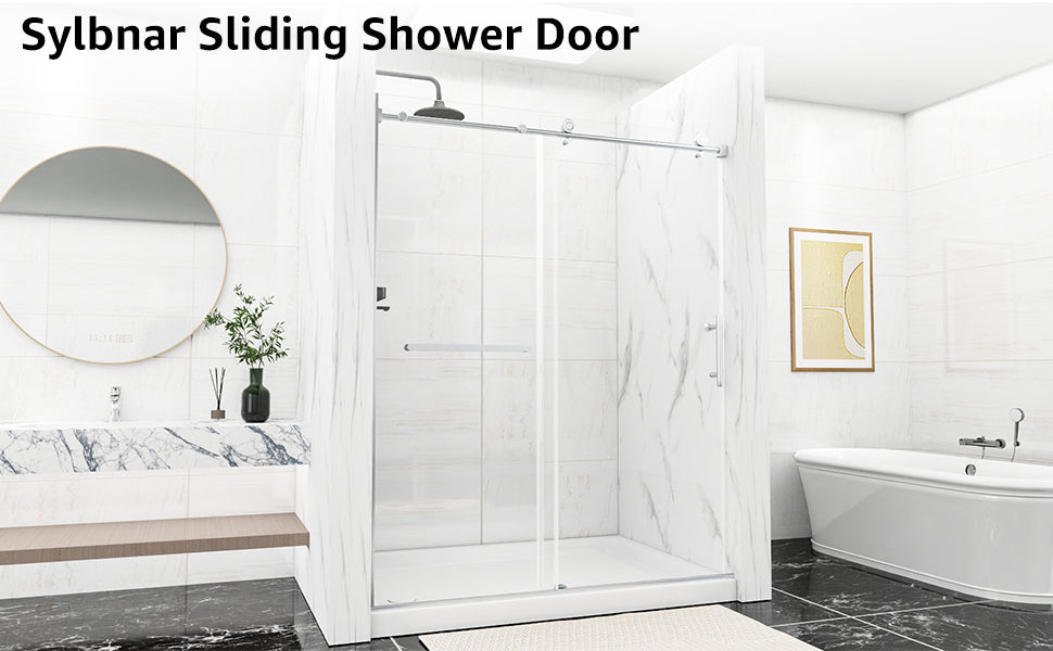 Sliding Shower Door, 56-60" W x 75" H Shower Door 5/16"(8mm) Clear Tempered Glass, 304 Stainless Steel Frame, Noiseless Shatterproof Shower Door in Stylish and Modern, Round Handle Silver