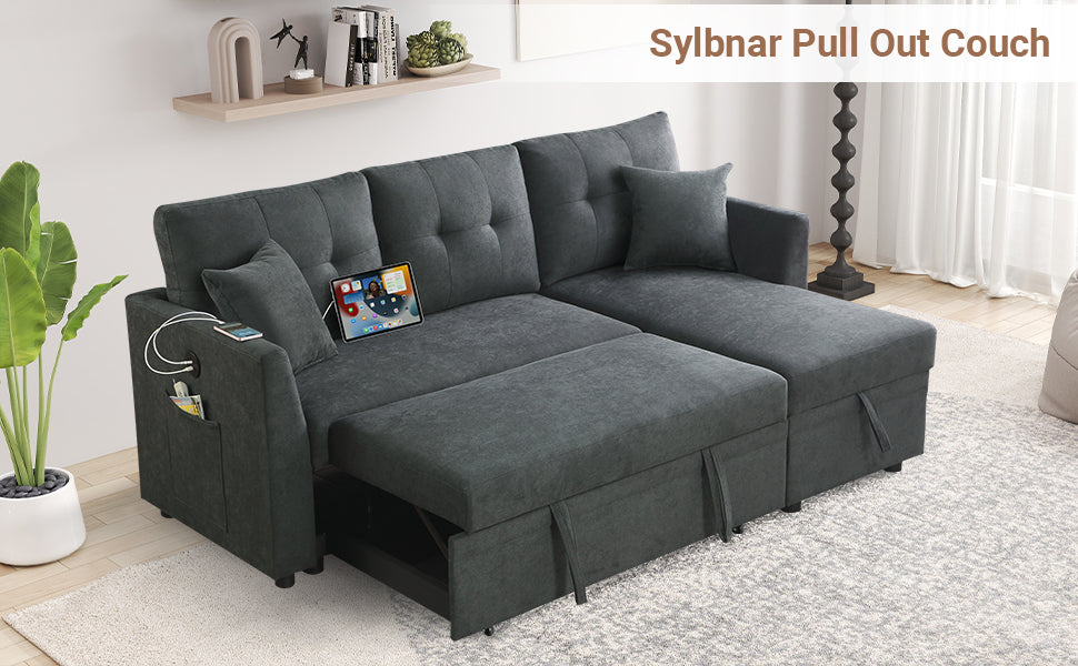 Pull Out Couch L-Shaped Sofa Bed, Sectional Couches with USB & Type C, Storage, Side Pocket and 2 Pillows, Velvet Reversible Couch Sleeper Pull Out Bed for Apartment Living Room - Dark Gray