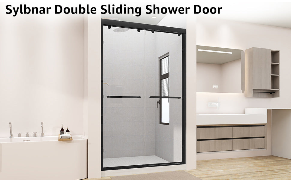 Double Sliding Shower Door, 44-48" W x 75" H Framed Shower Door 5/16"(8mm) Clear Tempered Glass, Aluminium Alloy Frame, Noiseless Sliding Shower Door in Stylish and Modern, Matte Black