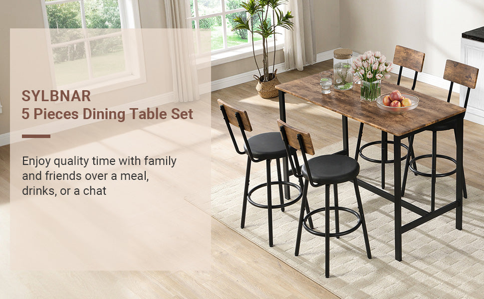 5-Piece Dining Table Set, Bar Table and Chairs Set for 4, Modern Kitchen Table Furniture W/Counter Height High Top Table & 4 Upholstered PU Chairs, Compact Dining Set for Kitchen, Dining Room, Brown