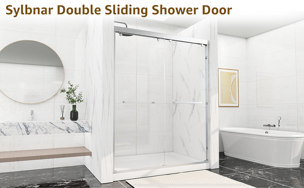 Double Sliding Shower Door, 56-60" W x 76" H Framed Shower Door 5/16"(8mm) Clear Tempered Glass, Aluminium Alloy Frame, Noiseless Sliding Shower Door in Stylish and Modern, Matte Silver