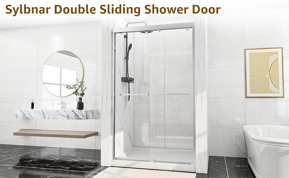 Double Sliding Shower Door, 44-48" W x 75" H Framed Shower Door 5/16"(8mm) Clear Tempered Glass, Aluminium Alloy Frame, Noiseless Sliding Shower Door in Stylish and Modern, Matte Silver