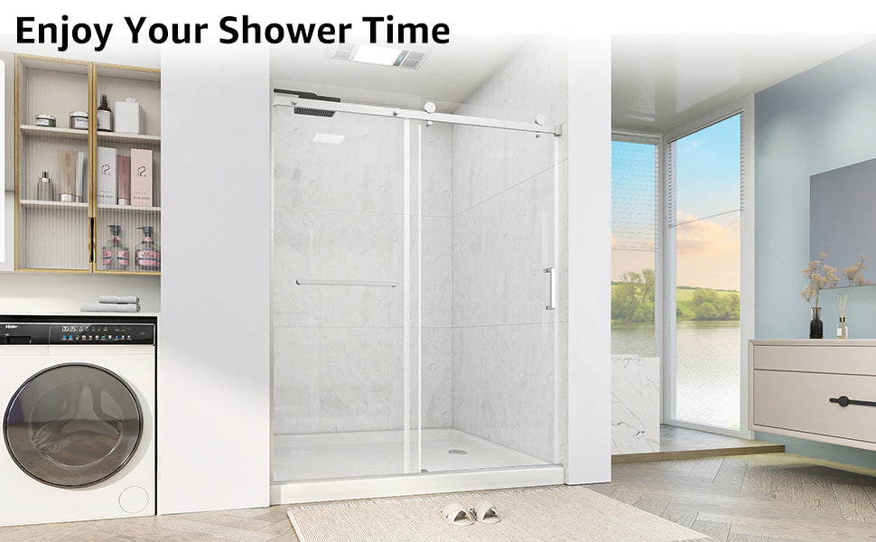 Sliding Shower Door, 56-60" W x 75" H Shower Door 5/16"(8mm) Clear Tempered Glass, 304 Stainless Steel Frame, Noiseless Shatterproof Sliding Shower Door in Stylish and Modern, Silver