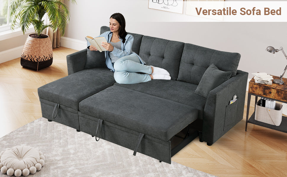 Pull Out Couch L-Shaped Sofa Bed, Sectional Couches with USB & Type C, Storage, Side Pocket and 2 Pillows, Velvet Reversible Couch Sleeper Pull Out Bed for Apartment Living Room - Dark Gray