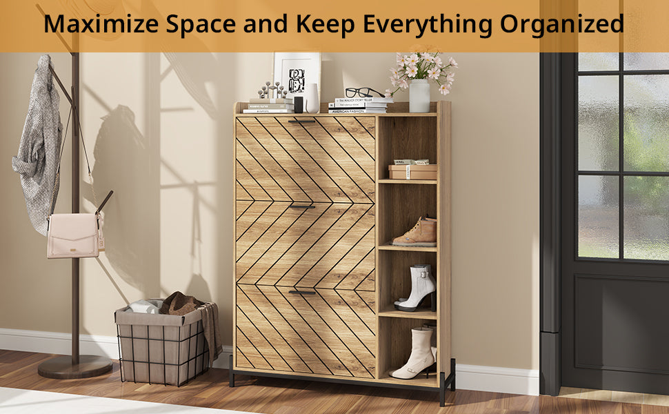 Shoe Storage Cabinet, Shoe Organizer with 3 Flip Drawers, Free Standing Shoes Cabinet with Adjustable Shelves, Hidden Shoe Storage for Entryway & Hallway, Shoe Organizer Cabinet, Light Brown