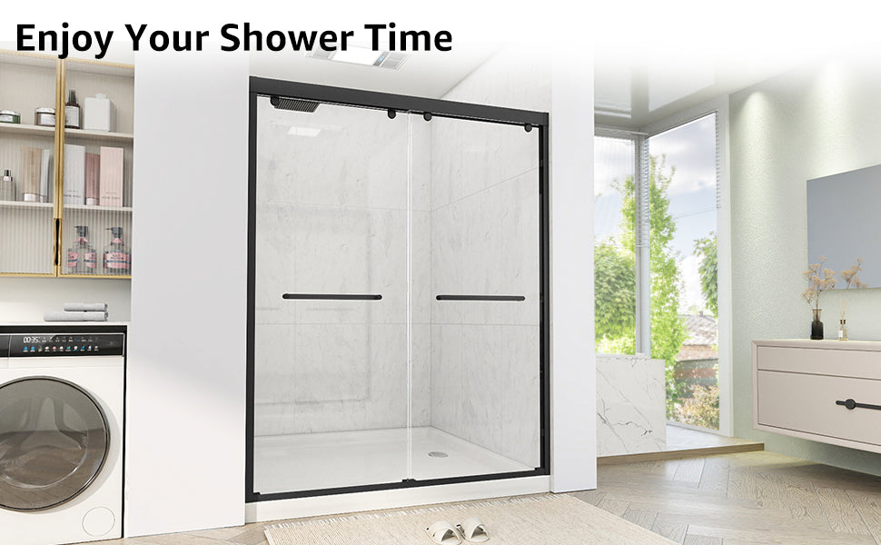 Sliding Shower Door, 56-60" W x 75" H Shower Door 5/16"(8mm) Clear Tempered Glass, 304 Stainless Steel Frame, Noiseless Shatterproof Sliding Shower Door in Stylish and Modern, Matte Black