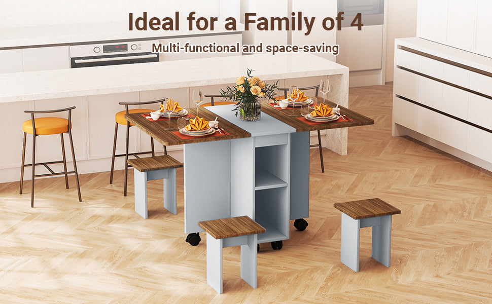 Folding Dining Table with 4 Chairs, 5 Pieces Extendable Table Set, Multifunctional Table with Storage & 6 Wheels, Space Saving Dinner Table for Kitchen, Dining Room, Bedroom, Living Room