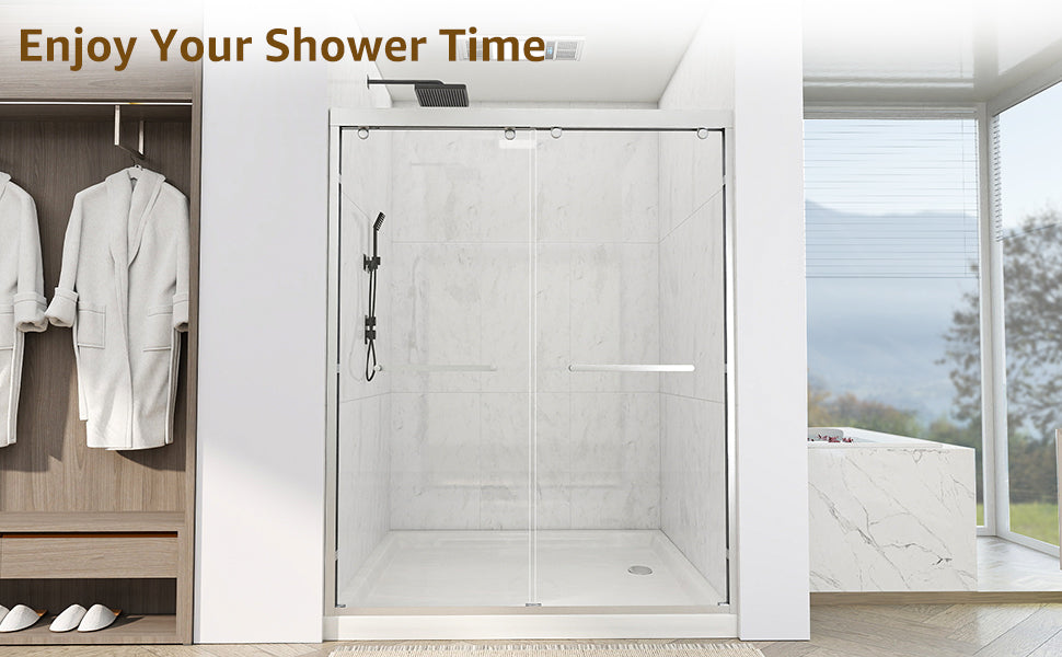 Double Sliding Shower Door, 56-60" W x 76" H Framed Shower Door 5/16"(8mm) Clear Tempered Glass, Aluminium Alloy Frame, Noiseless Sliding Shower Door in Stylish and Modern, Matte Silver