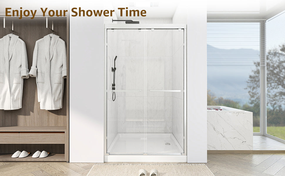 Double Sliding Shower Door, 44-48" W x 75" H Framed Shower Door 5/16"(8mm) Clear Tempered Glass, Aluminium Alloy Frame, Noiseless Sliding Shower Door in Stylish and Modern, Matte Silver