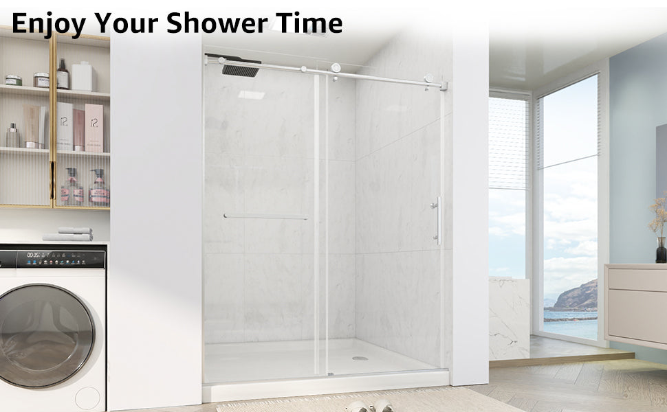 Sliding Shower Door, 56-60" W x 75" H Shower Door 5/16"(8mm) Clear Tempered Glass, 304 Stainless Steel Frame, Noiseless Shatterproof Shower Door in Stylish and Modern, Round Handle Silver