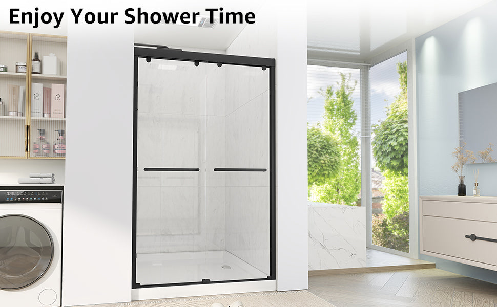 Double Sliding Shower Door, 44-48" W x 75" H Framed Shower Door 5/16"(8mm) Clear Tempered Glass, Aluminium Alloy Frame, Noiseless Sliding Shower Door in Stylish and Modern, Matte Black