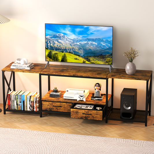 66" TV Stand with Fabric Drawers and Power Outlets for 65/70/75-Inch TVs, Entertainment Center with LED Lights, TV Media Console for Living Room or Bedroom, Rustic Brown