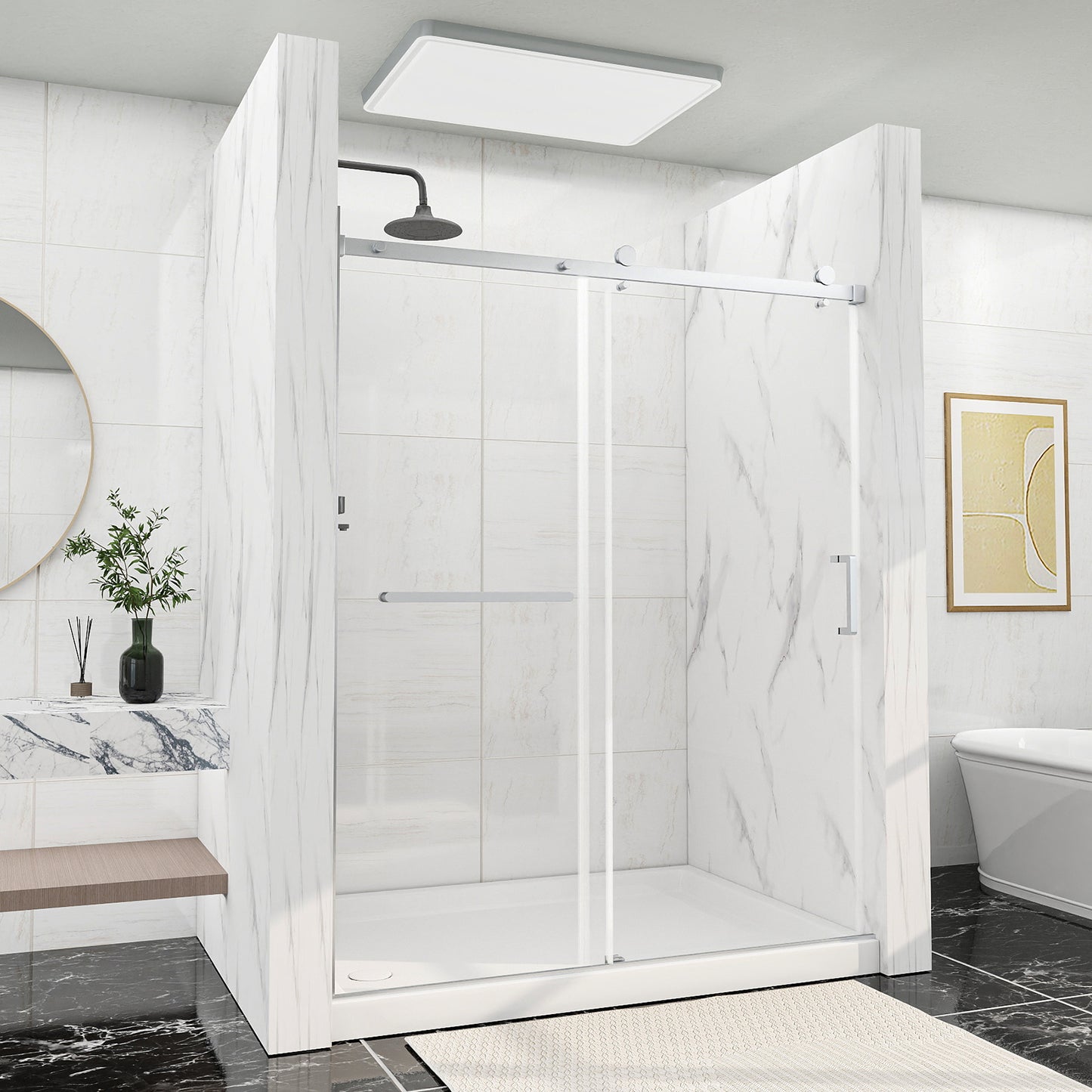 Sliding Shower Door, 56-60" W x 75" H Shower Door 5/16"(8mm) Clear Tempered Glass, 304 Stainless Steel Frame, Noiseless Shatterproof Sliding Shower Door in Stylish and Modern, Silver