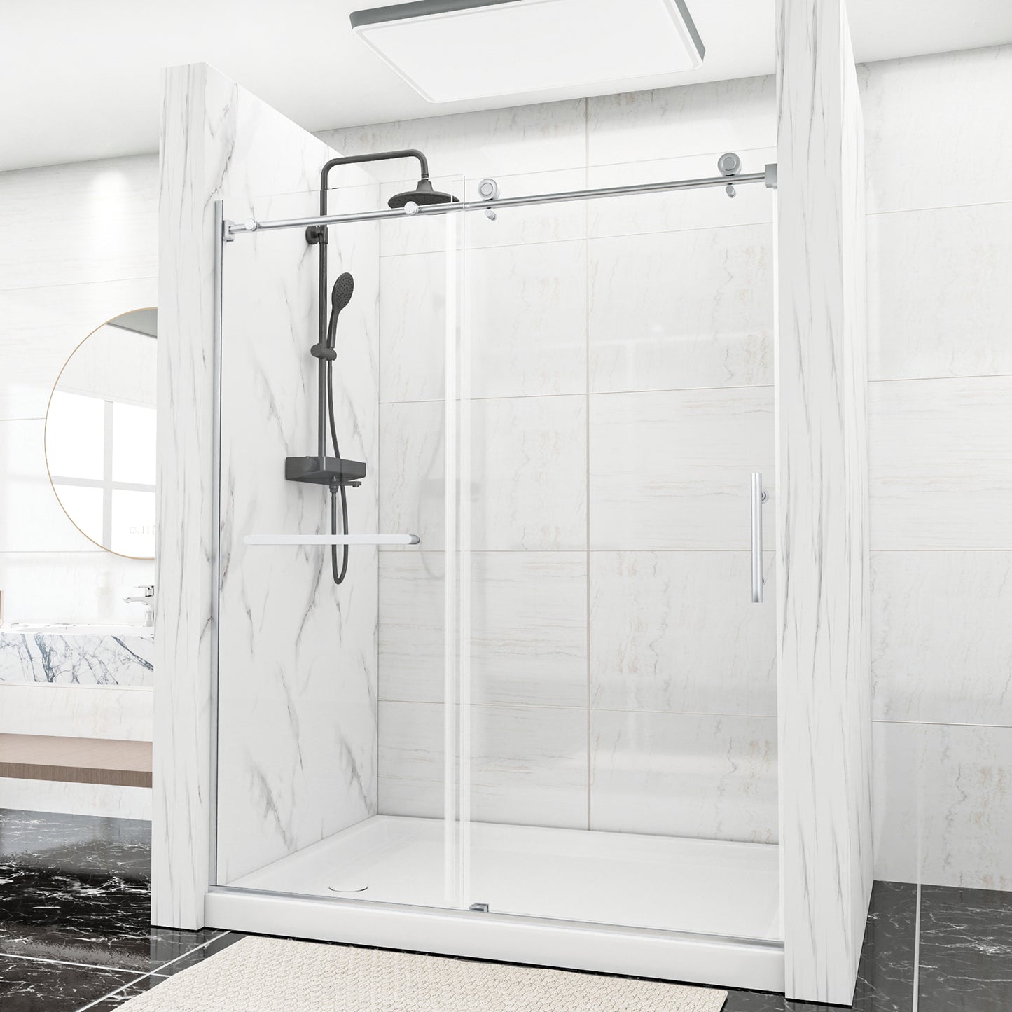 Sliding Shower Door, 56-60" W x 75" H Shower Door 5/16"(8mm) Clear Tempered Glass, 304 Stainless Steel Frame, Noiseless Shatterproof Shower Door in Stylish and Modern, Round Handle Silver