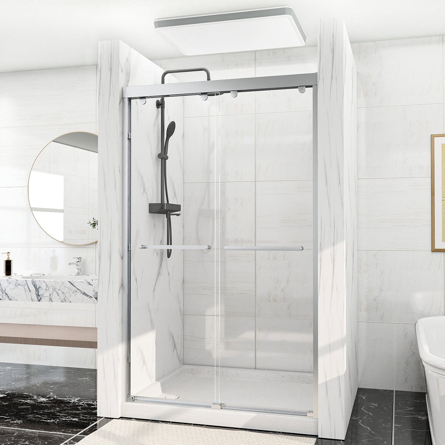 Double Sliding Shower Door, 44-48" W x 75" H Framed Shower Door 5/16"(8mm) Clear Tempered Glass, Aluminium Alloy Frame, Noiseless Sliding Shower Door in Stylish and Modern, Matte Silver