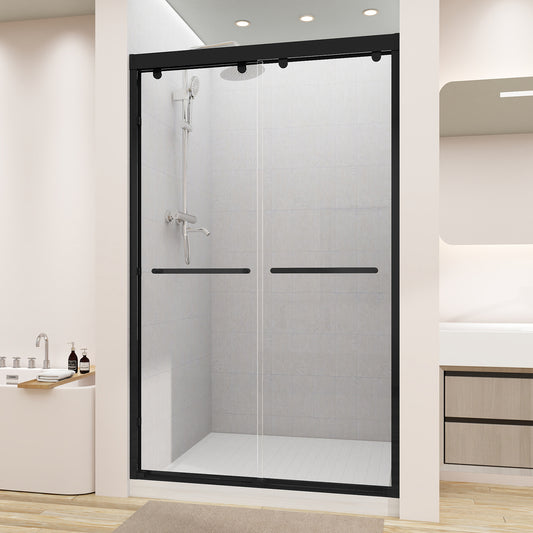 Double Sliding Shower Door, 44-48" W x 75" H Framed Shower Door 5/16"(8mm) Clear Tempered Glass, Aluminium Alloy Frame, Noiseless Sliding Shower Door in Stylish and Modern, Matte Black