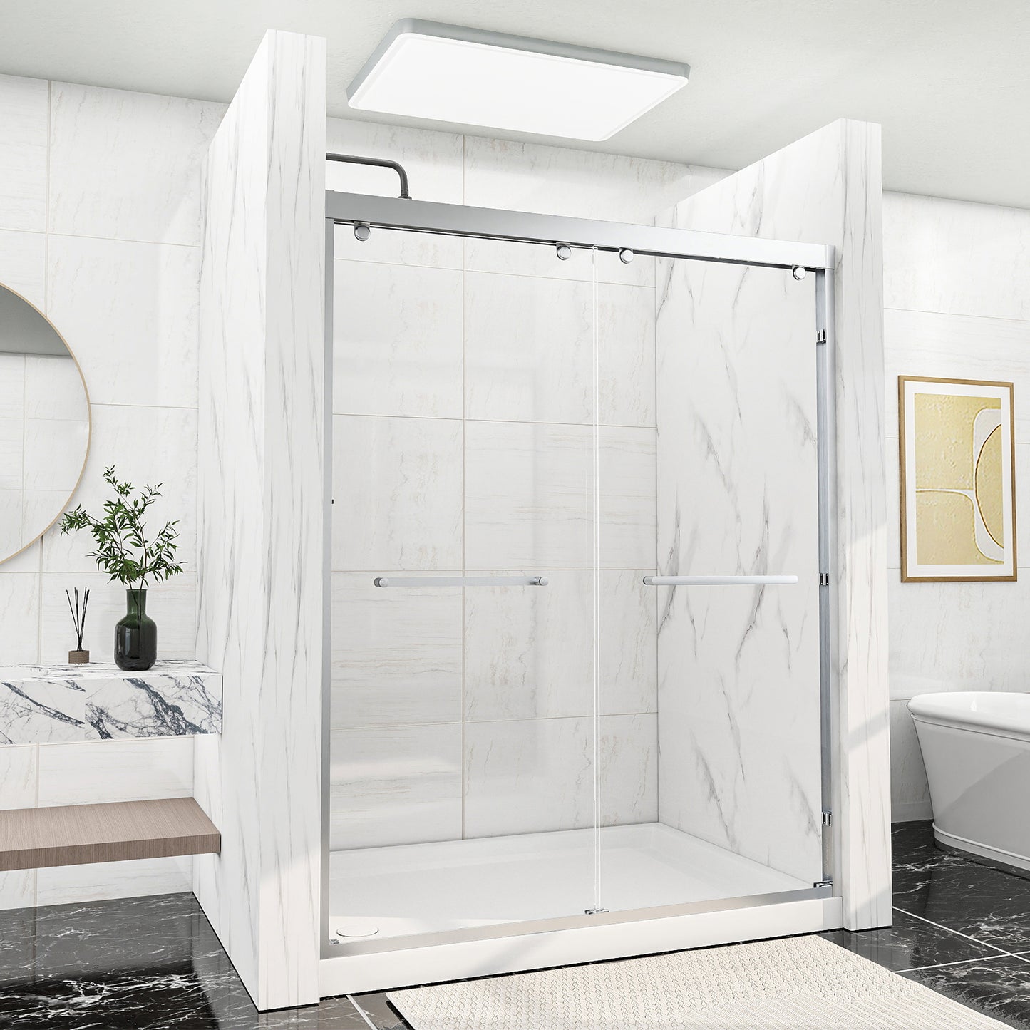 Double Sliding Shower Door, 56-60" W x 76" H Framed Shower Door 5/16"(8mm) Clear Tempered Glass, Aluminium Alloy Frame, Noiseless Sliding Shower Door in Stylish and Modern, Matte Silver