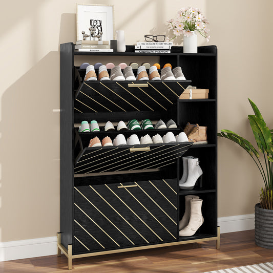 Shoe Storage Cabinet, Shoe Organizer with 3 Flip Drawers, Free Standing Shoes Cabinet with Adjustable Shelves, Hidden Shoe Storage for Entryway & Hallway, Shoe Organizer Cabinet, Black